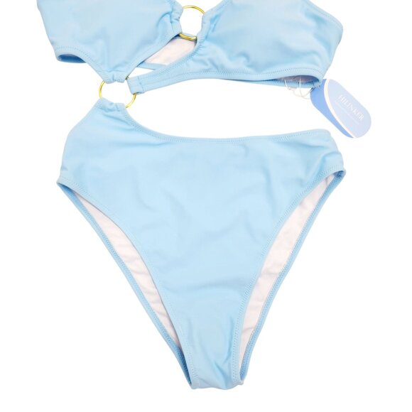 One-Shoulder Cutout Sky Blue Bikini Set Gold Ring Womens Swimwear Size S - Picture 6 of 7